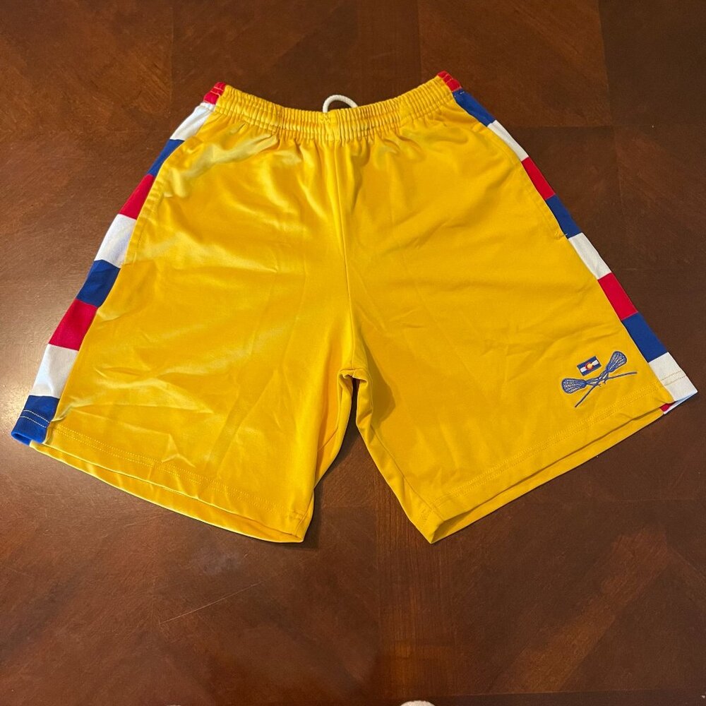 Fit 2 Win Lacrosse Shorts Yellow With Red/Blue Stripe Design & Elastic Waistband